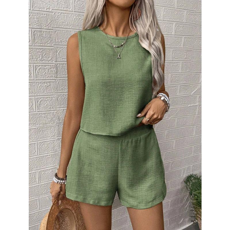 Women's Solid Color Simple Fashion Casual Sleeveless Top and Shorts Set