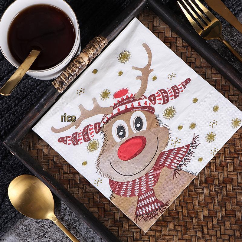 Christmas Reindeer Snowflake Square Paper Napkins - Food Grade Soy Ink, Disposable