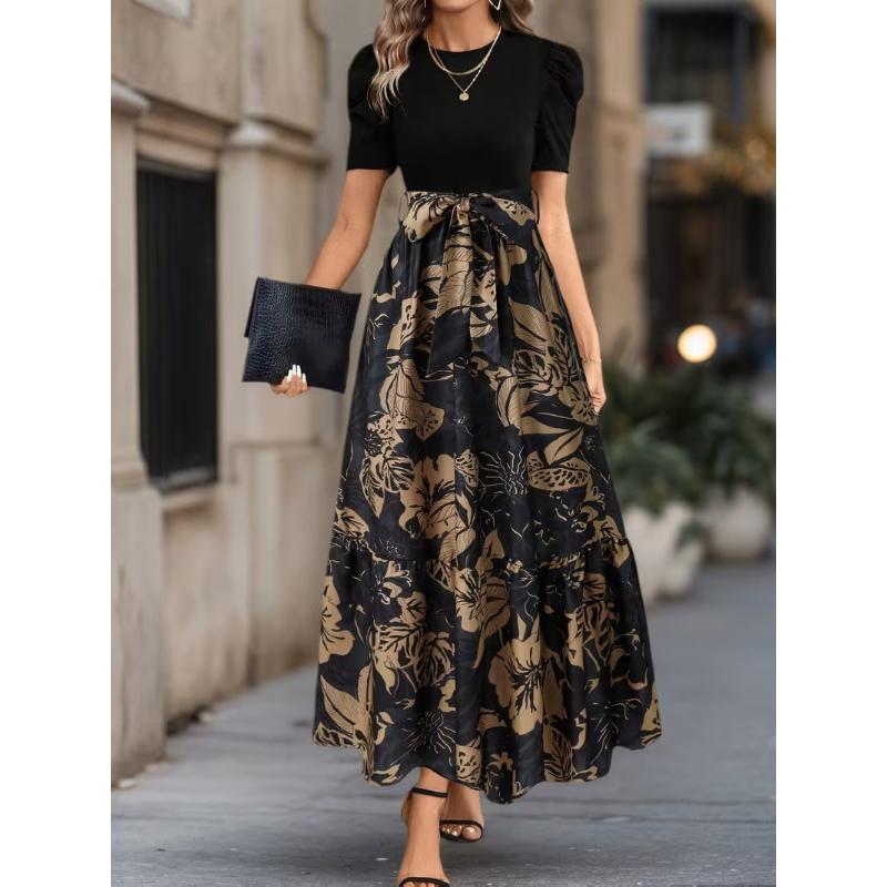 Women s Floral Print Dresses Elegant Tie Up Waisted Short Sleeve Maxi Dress A Line Patchwork Ruffle Hems Tierred Long Dresses S