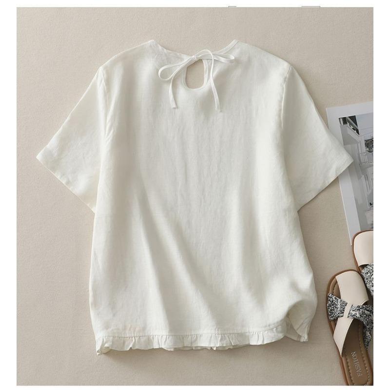 Top casual da donna in misto lino con bordo a balze, girocollo, manica corta, tinta unita, vestibilità ampia