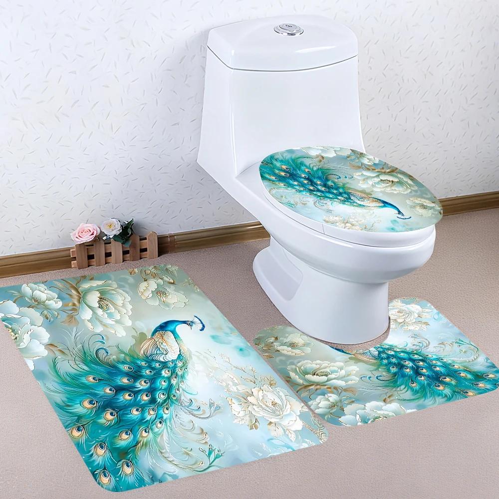 4pc Peacock pattern bath curtain set, 2D flat printing bathroom partition curtain, modern home curtain decoration