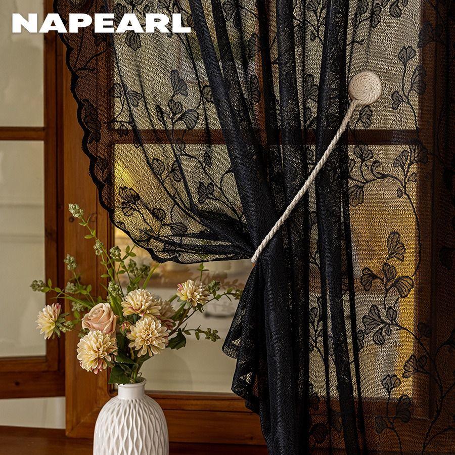 1 ks NAPEARL Závěs z průsvitné krajky ve francouzském rokokovém stylu, pastorální styl, poloviční závěs, dveřní závěs do obývacího pokoje, kuchyně, skříně, okna, domácí dekorace
