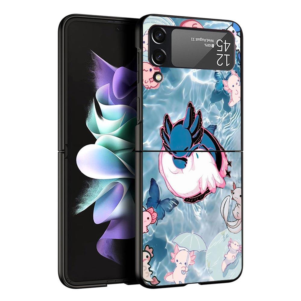 Cute Axolotl Kawaii Black Phone Case For Samsung ZFlip7 ZFlip6 ZFlip5 ZFlip4 ZFlip3 5G Hard Protective Galaxy Z Flip 3 4 5 6 7