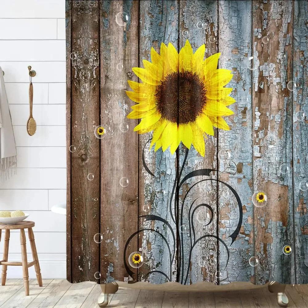 Farmhouse Rustic Shower Curtain Sunflower Autumn Floral Flower On Rural Barn Wooden Fabric Bathroom Curtains with Hooks Sets