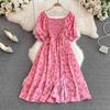 Summer Romantic Floral Print Women Dress Elegant Puff Sleeve Elastic Waist Party Vestidos Vacation Lady Robe