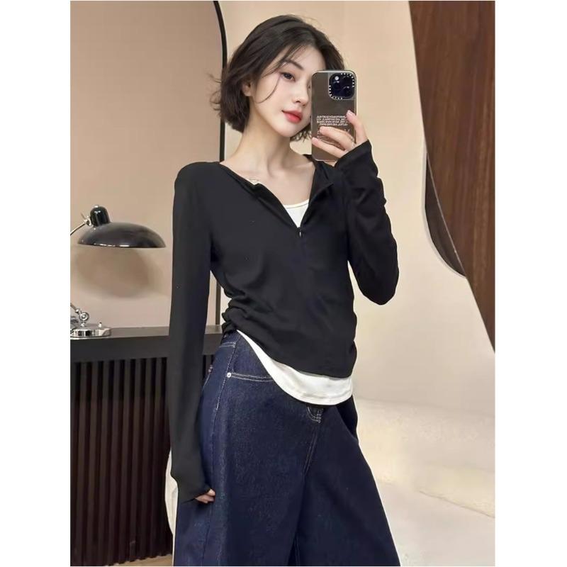 Burgundy Fake Two-piece Half-zipper T-shirt Women's Spring Waist Pleated Long-sleeved Top Design Bottoming Shirt