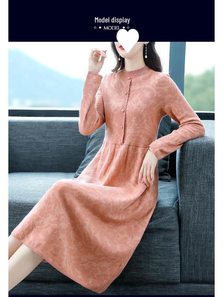 Autumn Winter 2025 High Neck Patterned Long Knit Sweater Dress