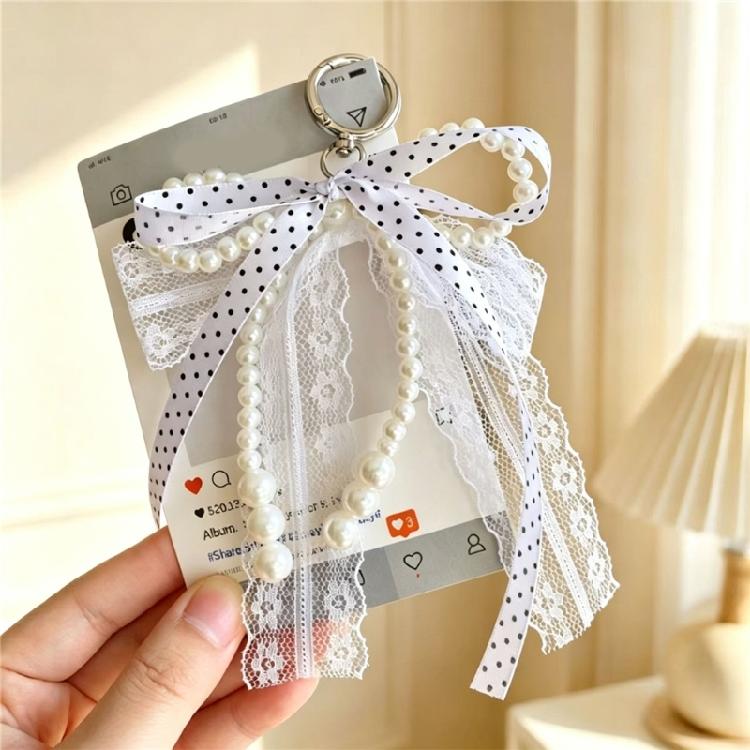 Cute Bowknot Design Keychain Accessory Fabric And Alloy With Pearls Accents Delicate Lace Keyring For Women And Teens