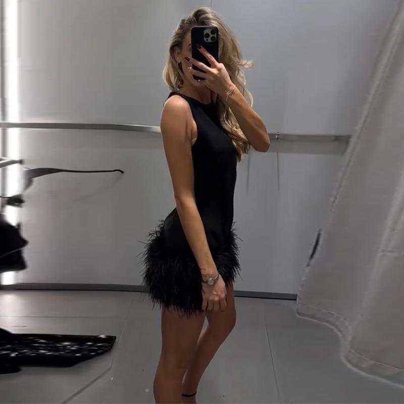 Elegantní Sexy Módní Střapcové Peří Patchwork Krátké Šaty Ženy Štíhlé O-výstřih Bez rukávů Vysoký Pas Šaty