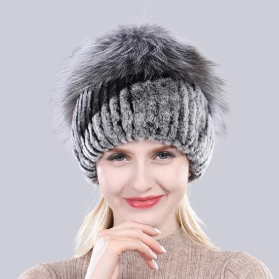 New Outdoor Good Elastic Natural Rex Rabbit Fur Hat Women Winter Knitted Real Sliver Fox Fur Cap Lady Real Fur Hats