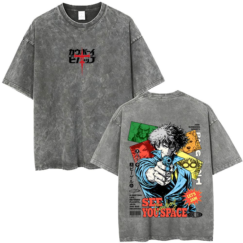 Anime Cowboy Bebop Vintage Washed T-shirt Spike Spiegel See You Space Cowboy T-shirts Manga Retro Oversized T Shirts Unisex