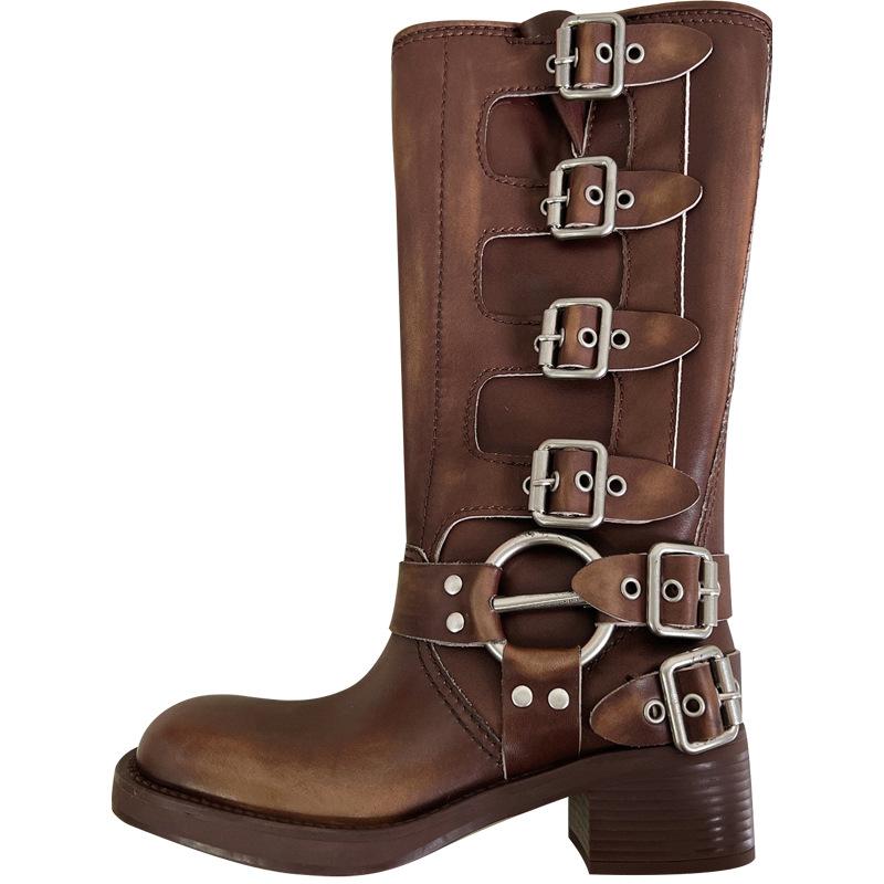 Catwalk Model, Belt Buckle, Thick Heel, Martin Boots, Women's Spring and Summer Retro, But Knee Boots, Western Boots.