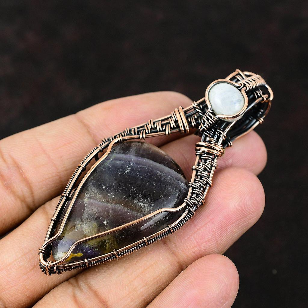 Multi Fluorite Pendant Copper Wire Wrapped Jewelry Rainbow Moonstone Gemstone Pendant Copper Wire Wrap Pendant Handmade Jewelry Gift For Her