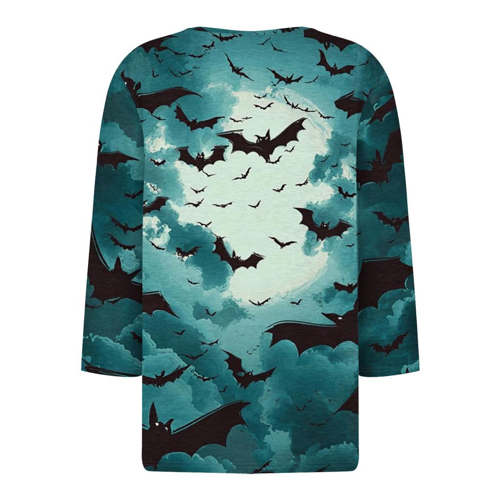 Women's Casual Fashion V-neck Loose Versatile Halloween Print Three-quarter Sleeve Top