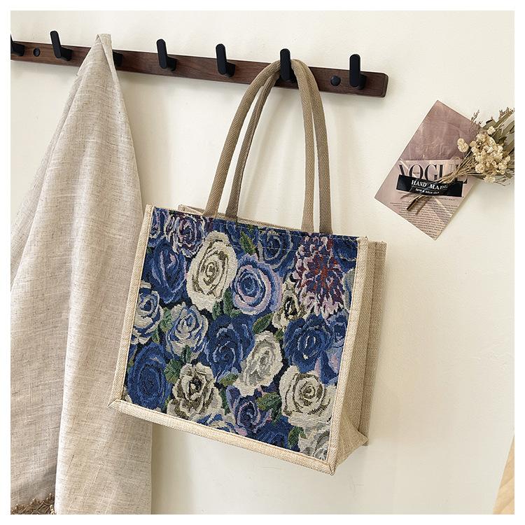 Large capacity linen tote bag 2025 new floral commuter tote bag female student class shoulder handbag