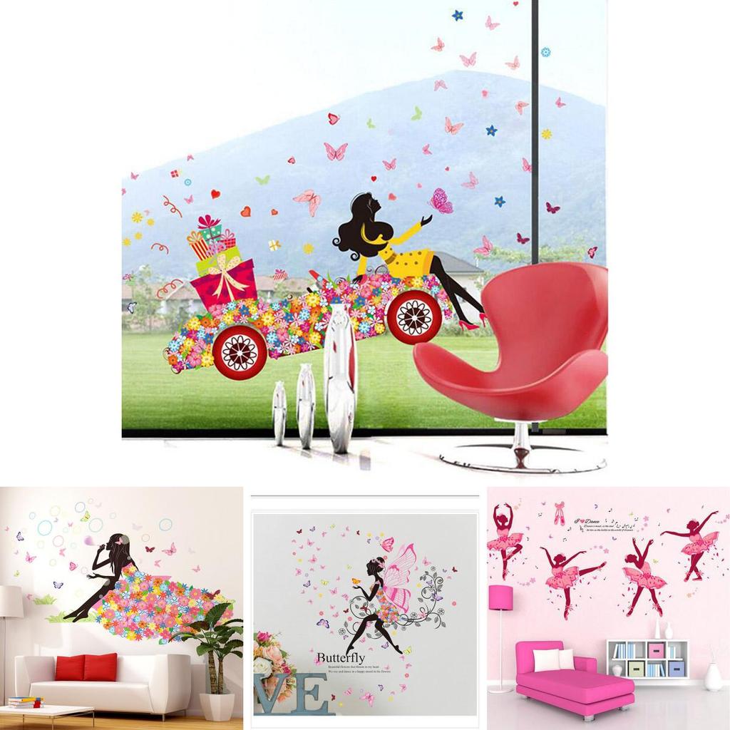 Entzückende PVC Mädchen Kunst Wandaufkleber für Kinderzimmer mit Schmetterlings- und Blumenmustern