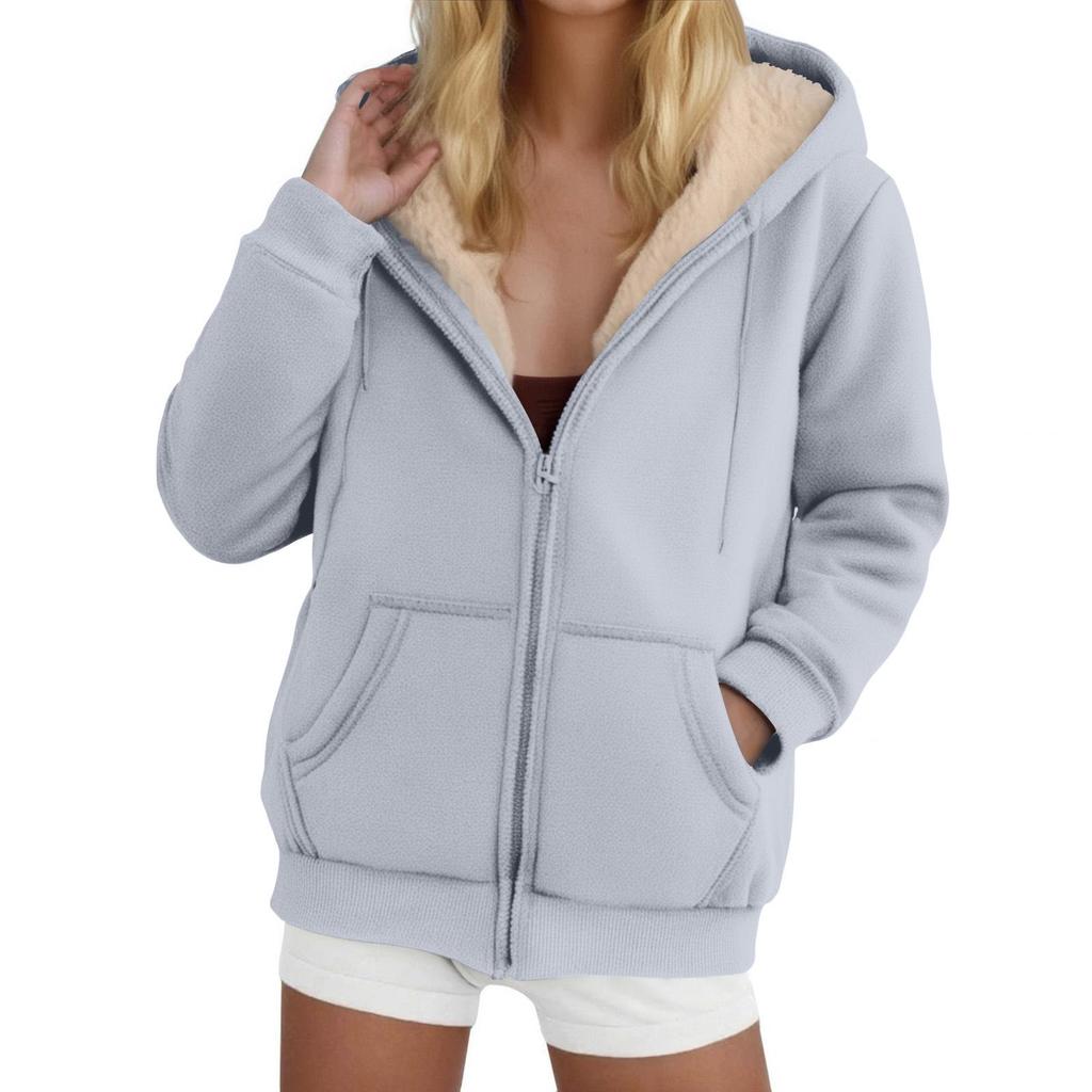 Women's Lambswool Coat Heavyweight Plus Velvet Thick Hoodie Cardigan