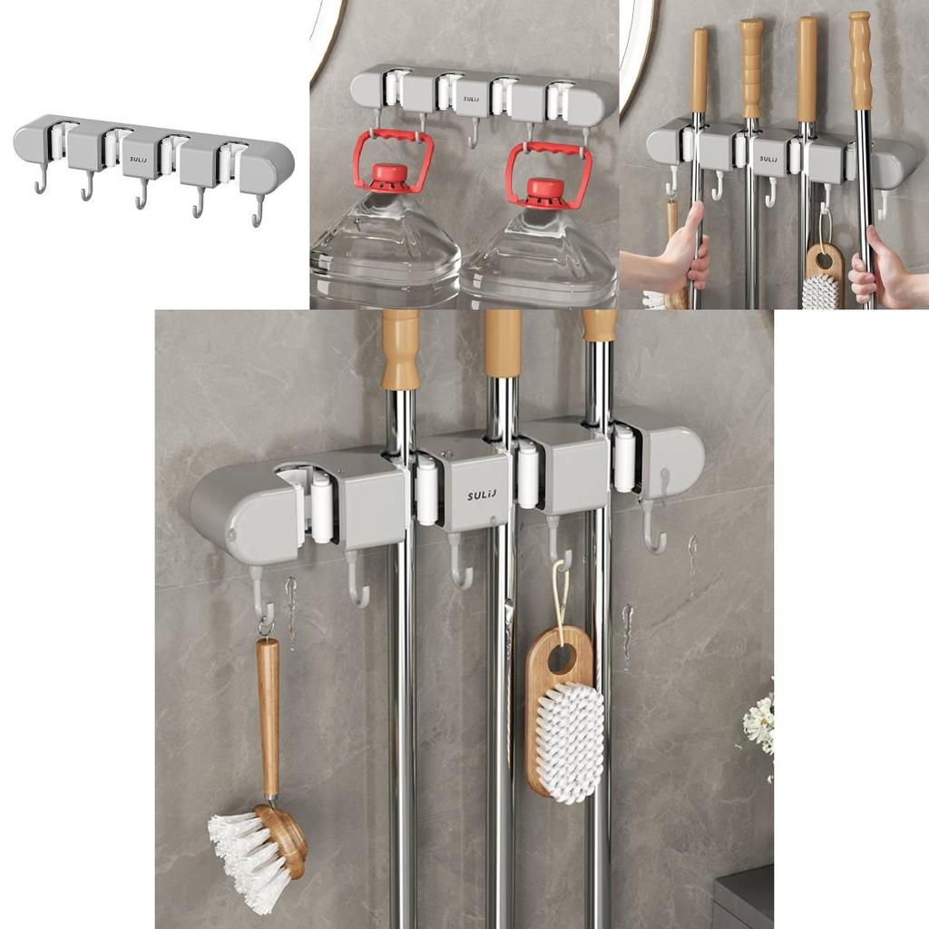 Modern Minimalist Abs Bathroom Wall Mount Mop Holder With Strong Clips And Hooks For Home Organization