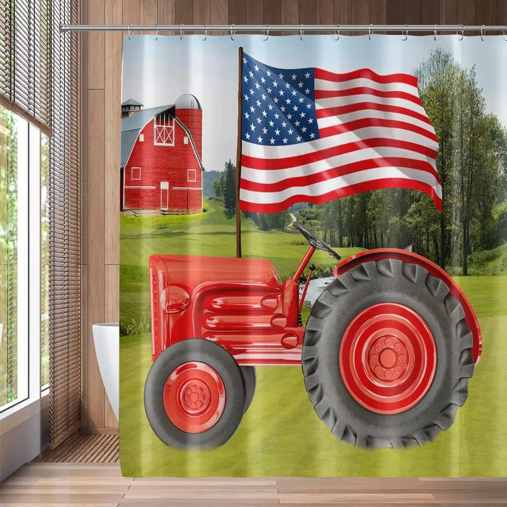 Rustic Shower Curtain Old Wooden Barn with Rusted Tractor Hillside Wooden Fence and Trees Cloth Fabric Bathroom Decor with Hooks