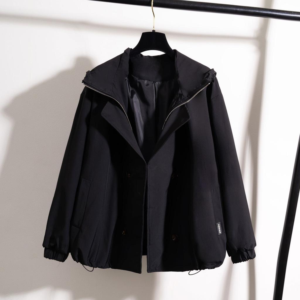 Tooling Wind Green Hooded Front Shoulder Trench Coat Women'S Spring And Autumn Large Size Fat Mm Short Jacket