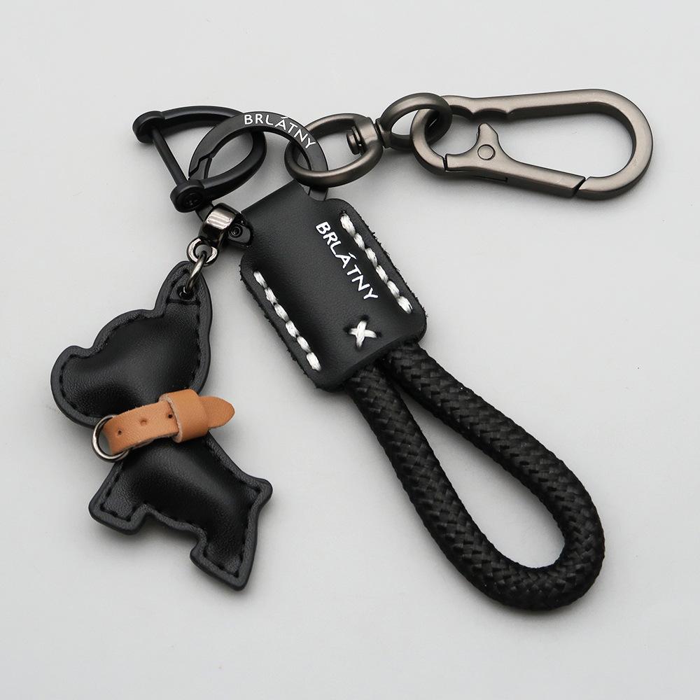 Handmade French Bulldog Genuine Leather Keychain with Anti-Lost Woven Rope Lanyard.