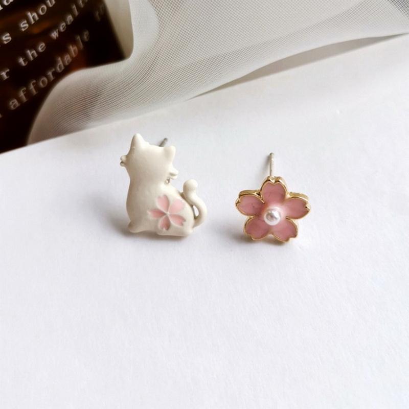 

New Trendy Piercing Cat Earrings for Women Cute Asymmetric Animal Kitten Flower Earrings Student Kids Girl Daily Jewelry Gift