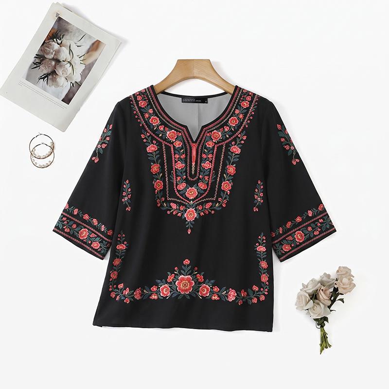 ZANZEA Women Casual Round Neck Ethnic Print Loose Half Sleeve Blouse
