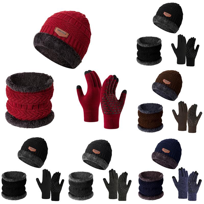Winter Cycling Warm Set 3 Pieces Anti-Slip Touchscreen Fleece Lined Hat Scarf Gloves Unisex Black