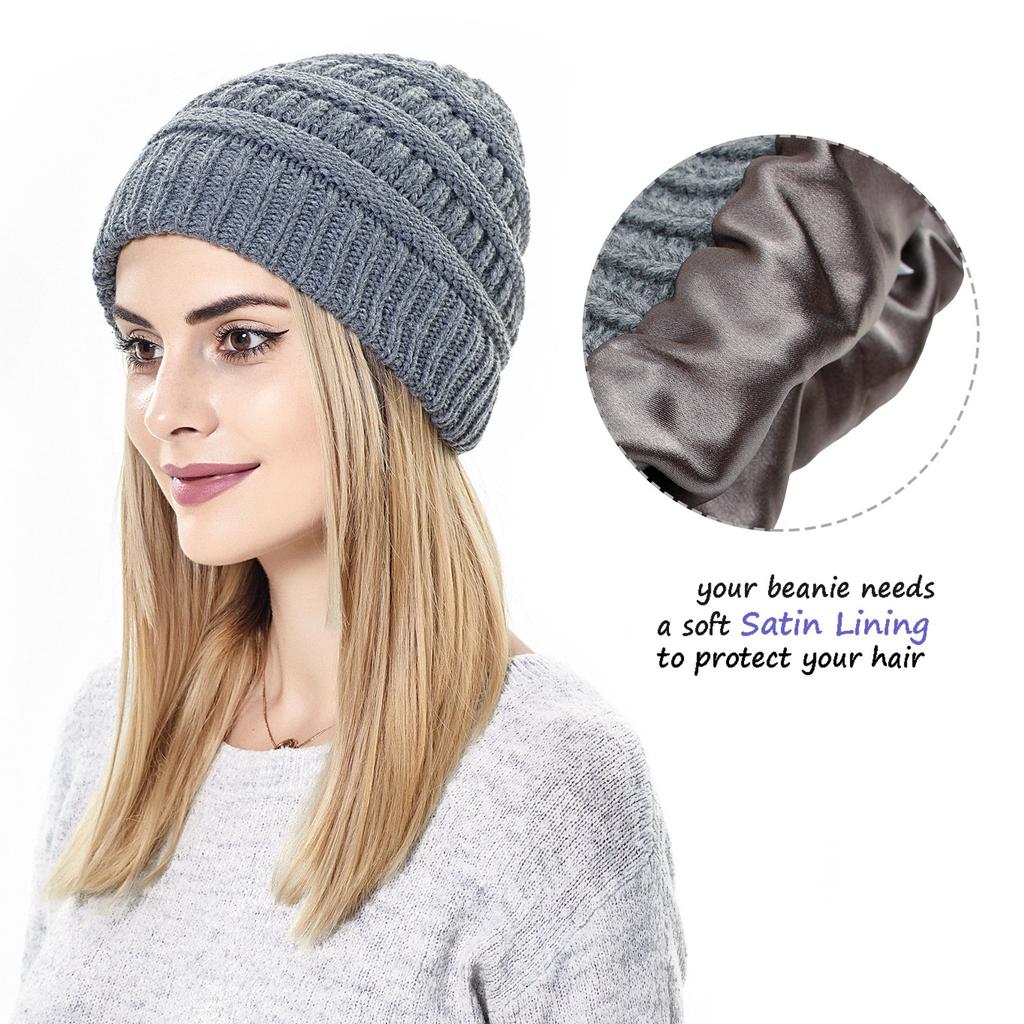 Womens Winter Warm Knitted Hat Satin Silk Lined Cable Knit Beanie Chunky Slouchy Skull Cap