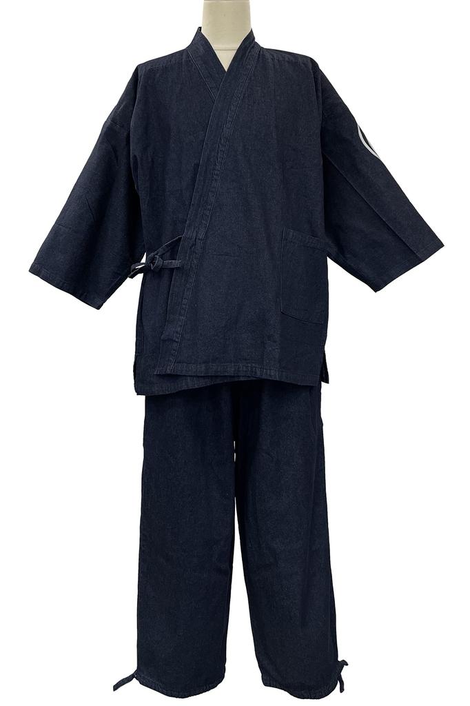 Edoten Samue (Work Clothes) - 100% Cotton Denim Fabric, Durable Yet Soft, Year-Round Pattern, Men's, Facing Cat, Left Sleeve, Navy Blue, Size 4L