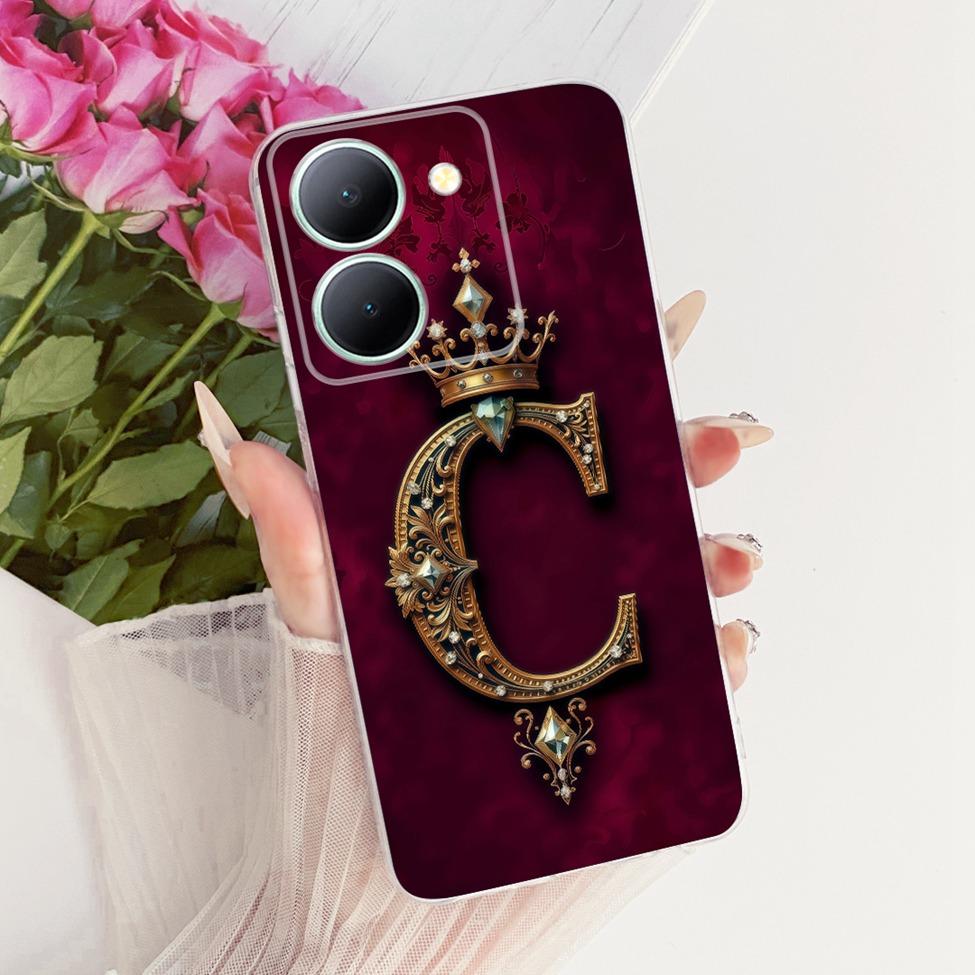 For Vivo V2322 Cover For Vivo Y27S Case Transparent Luxury Crown A-Z Letters 2D Flat Pattern Soft Phone Case For Y27S Vivo