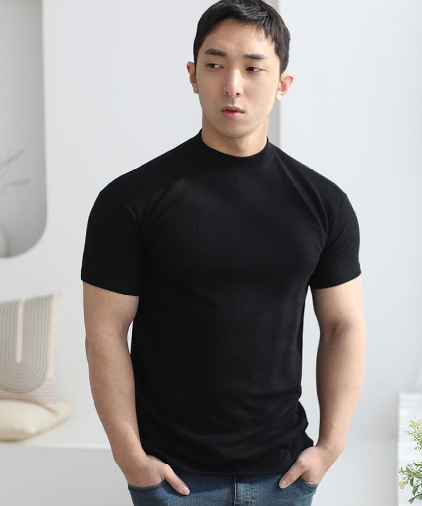 BOASTFIT Muscle Fit Ribbed Half-Neck Short Sleeve Knit