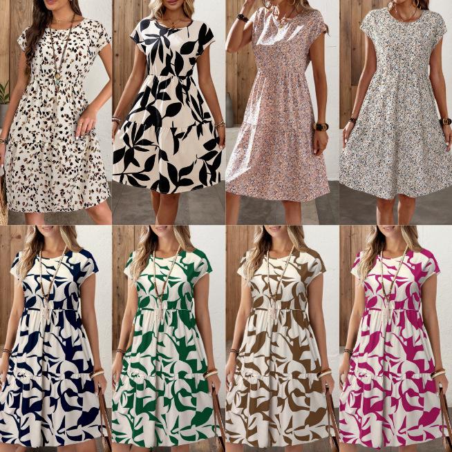 2026 European & American Floral Print Pleated Casual Dress - Women s Short Sleeve, Loose Fit XL
