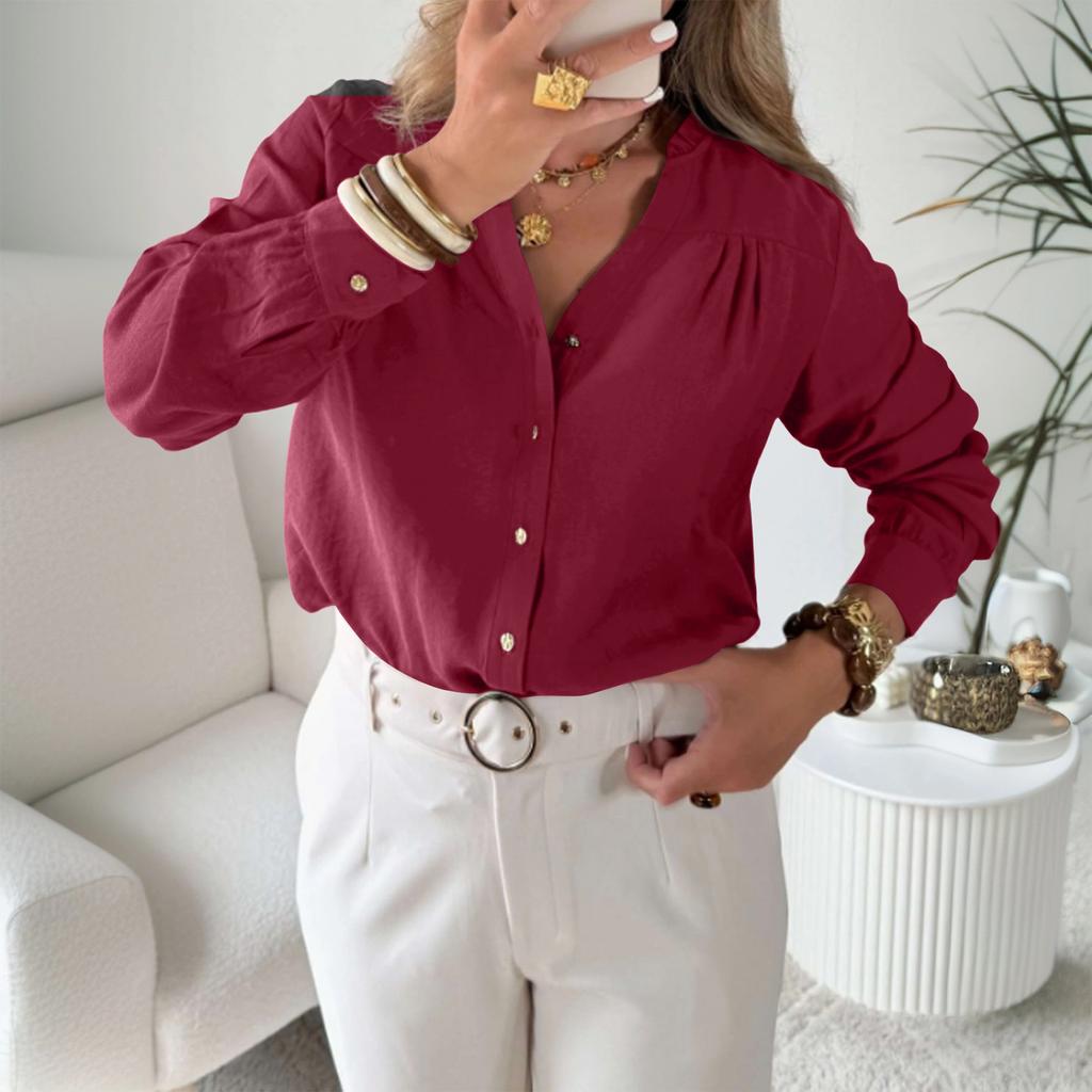 Women's Casual Loose-Fit V-Neck Button-Up Long-Sleeve Blouse With Flounce Collar