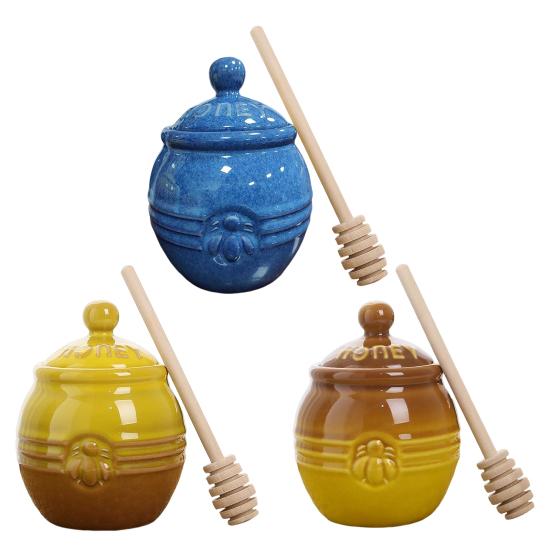 350ml Ceramic Honey Jar Farmhouse Honey Pot with Wood Honey Dipper Stick Retro