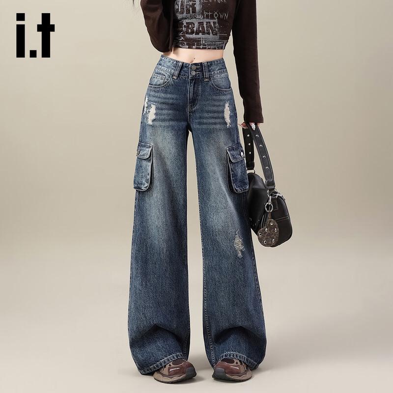 izzue it Women s High-Waist Double-Button Distressed Straight-Leg Jeans L