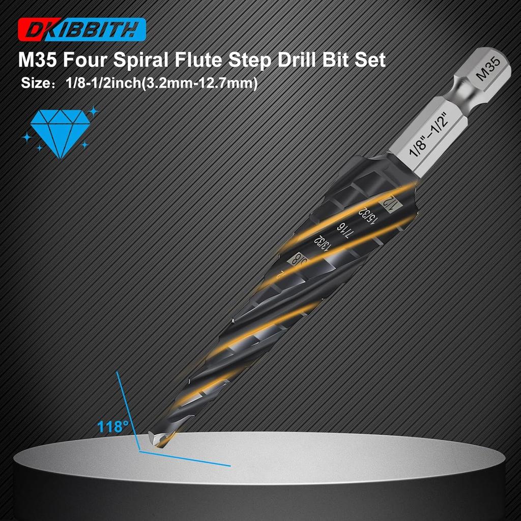 3-pc Step Drill Bit Set for Metal Wood 1/8"-7/8", 4-Spiral Flutes, M35 HSS Cobalt Unibits, 1/4" Hex Shank, Al-Ti-N Coated Drill Bits for 19 SAE Size