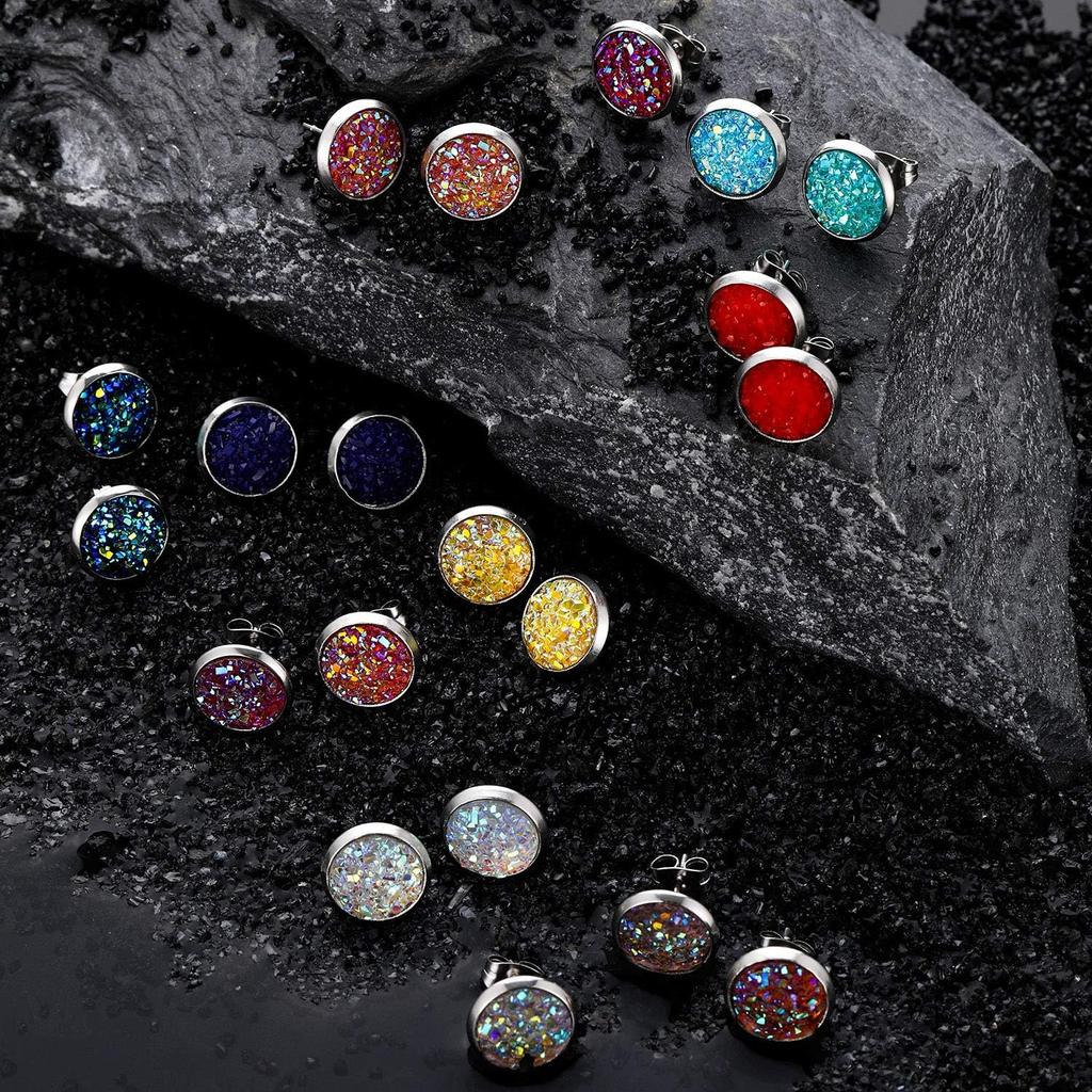 Hicarer 32 Pairs Round Druzy Stud Earrings Bohemian Round Stud Stainless Steel Pierced Earrings Jewelry for Women Graduation Gift