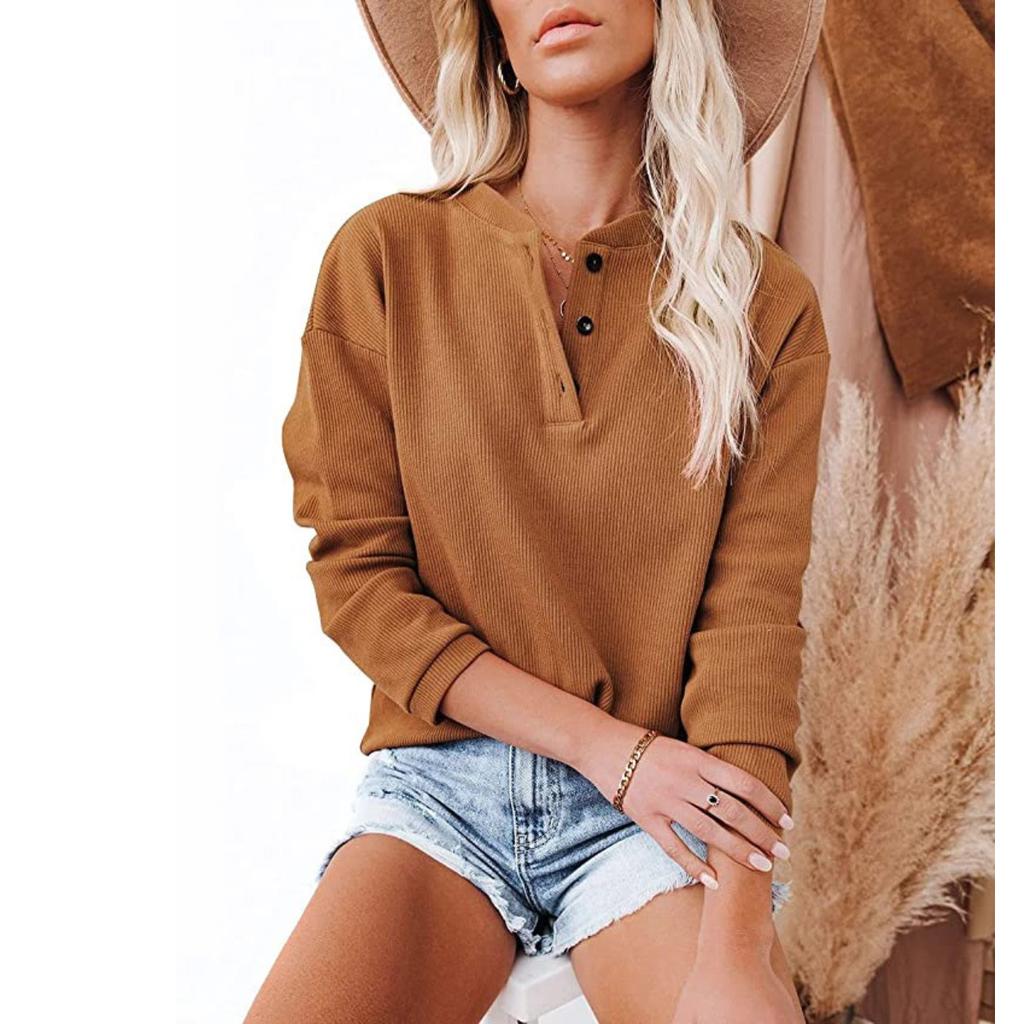 Fall Winter New Women's V Neck Solid Color Long Sleeve T-shirt Top, European American Style Casual Blouse for Crossborder