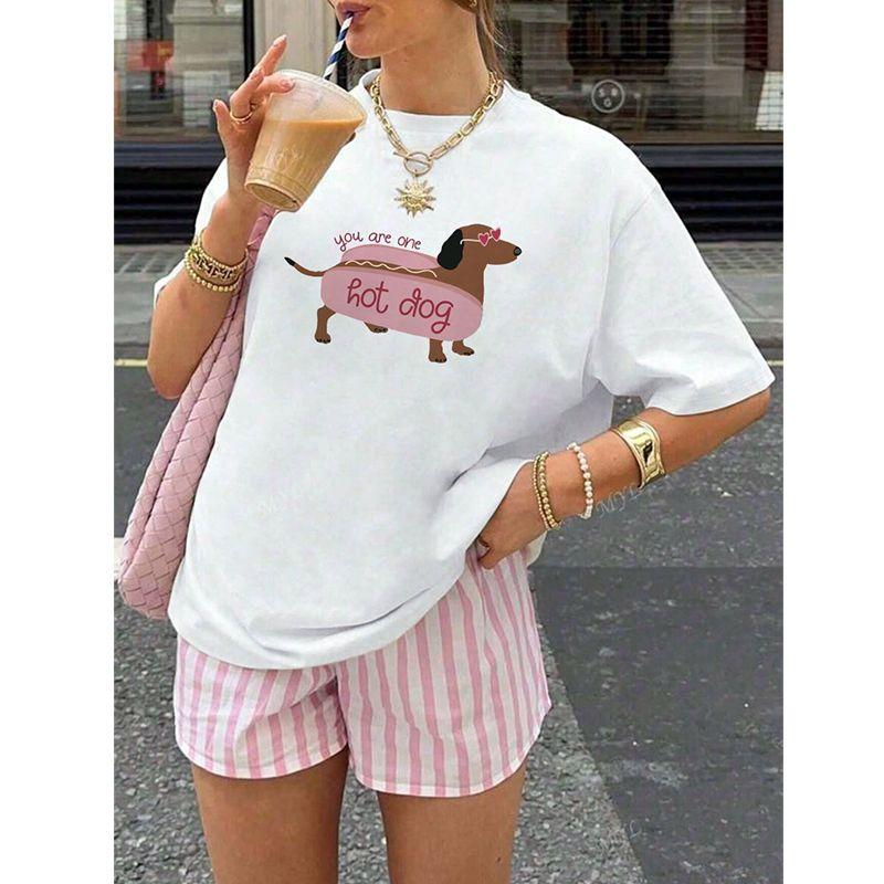 Hot Dog American vintage Sports Style Cute Puppy Print Cotton Loose Casual Age-Reducing Shoulder T-shirt Women