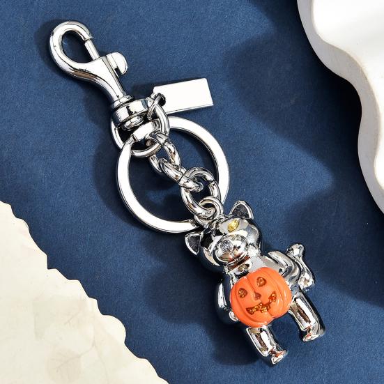 Handbag Decorative Accessory Halloween Cat Holding Pumpkin Keychain, Metal Car Key Ring Holder, Backpack Hanging Decor