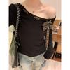 Black Pure Desire Slant Collar Off-shoulder Long-sleeved T-shirt for Women In Autumn Hot Girl Slim Leopard Print Lace-up Design Slant-shoulder Top