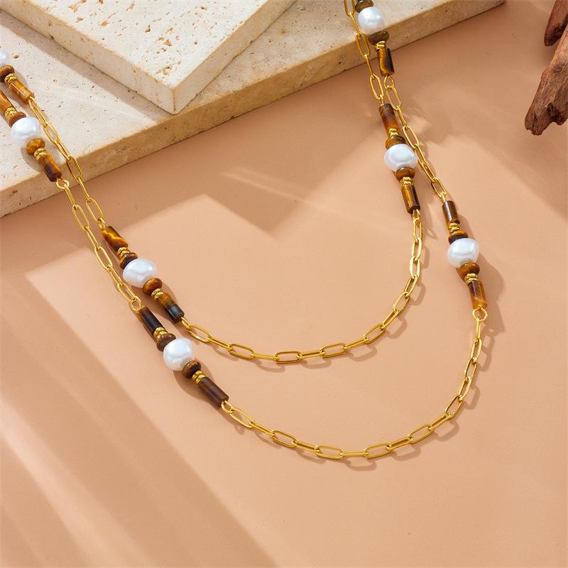 Gold Plated Vintage Tiger's Eye Beaded Pendant Necklace