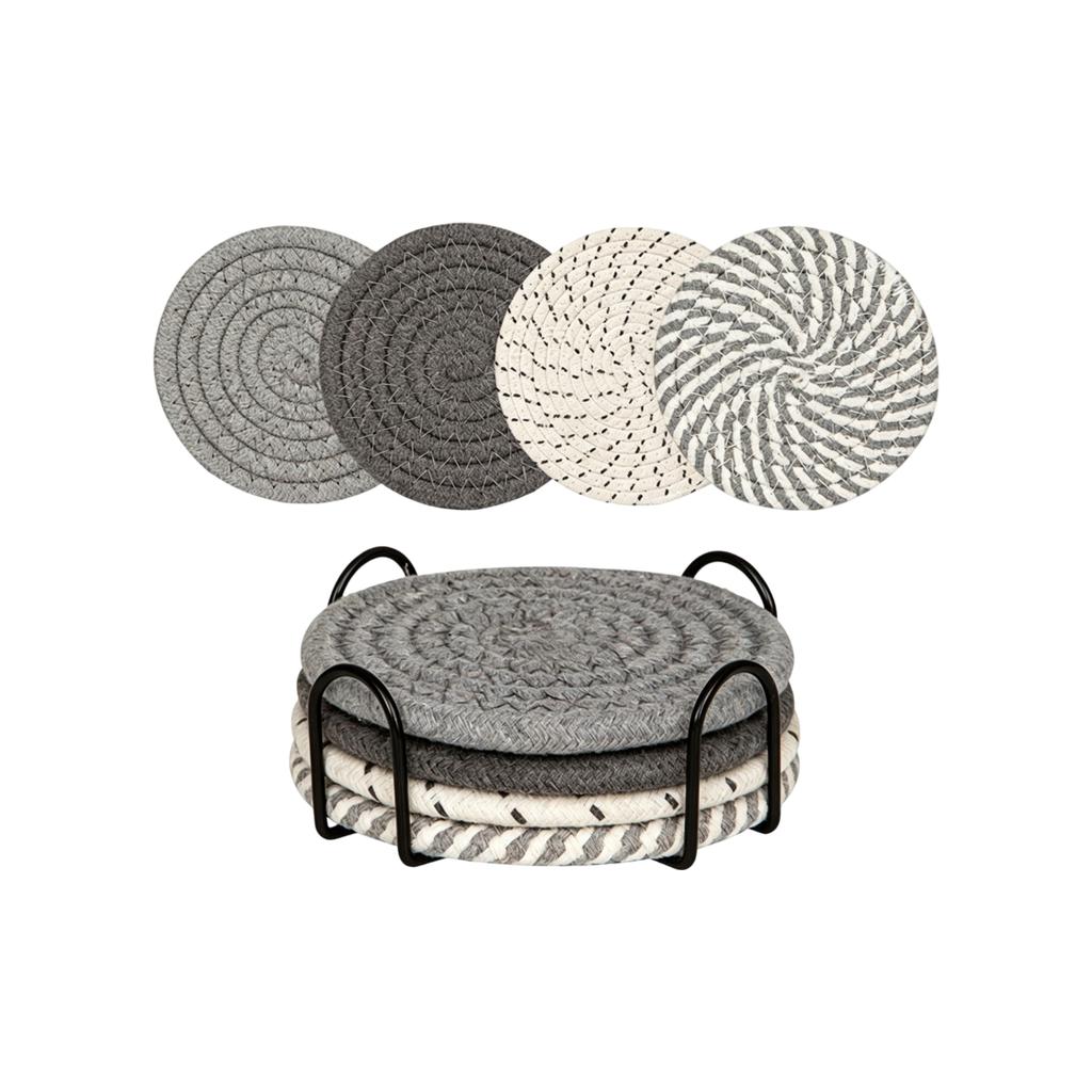 Set of 6 Round Woven Coasters with Holder Durable Braided Straw Material for Home Kitchen Table Protection Drinkware Mats