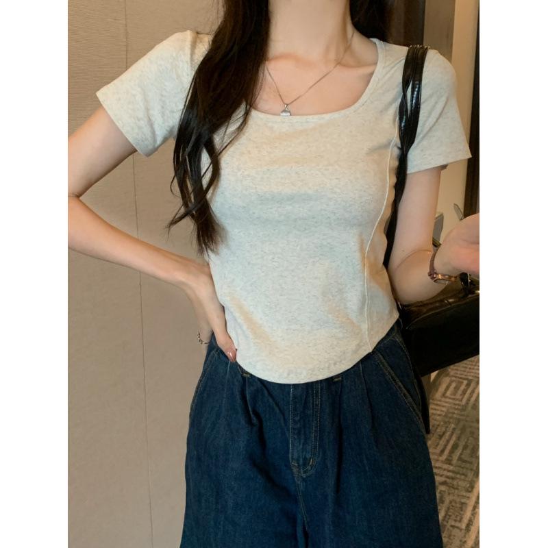 2026 Summer Women's Square Neck Contrast Stitching Short Sleeve Top - Slimming and Versatile