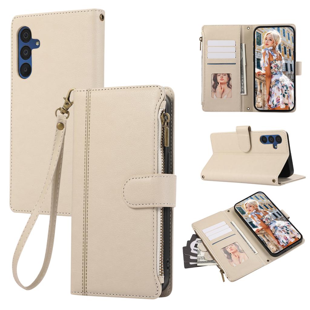 Für Samsung Galaxy A56 5G Hülle Multi-Kartenfächer Reißverschluss Leder Handyhülle mit Handschlaufe