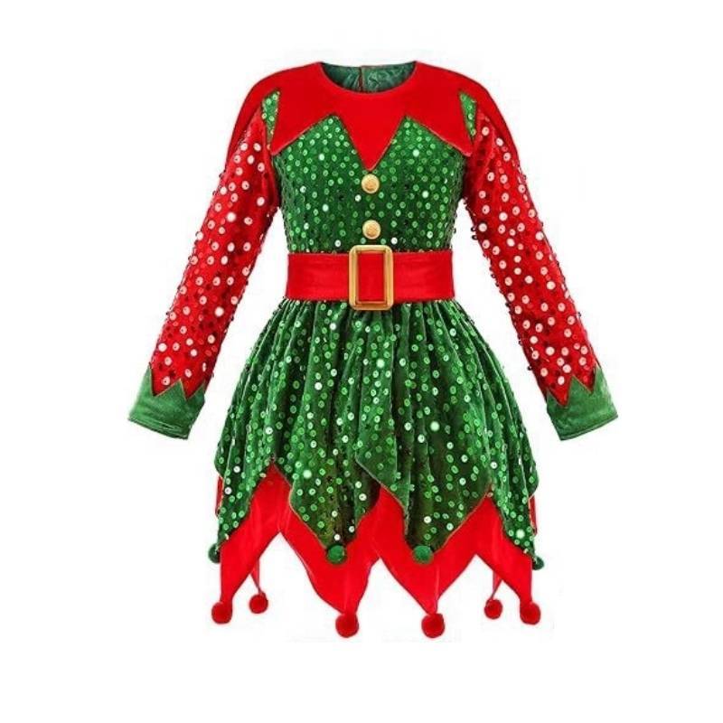 Girl Elf Costume Christmas Holiday Cosplay Dress With Accessories For Kids
