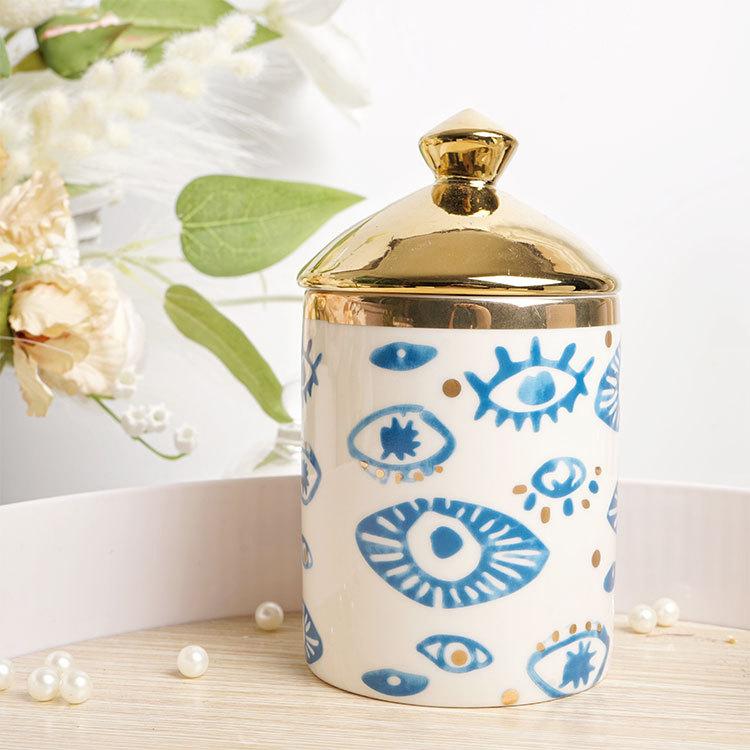 European Ceramic Blue Storage Jar Eye Print Scented Candle Jar Bedroom Jewelry Cosmetics Ring Box Delicate Nut Storage Container