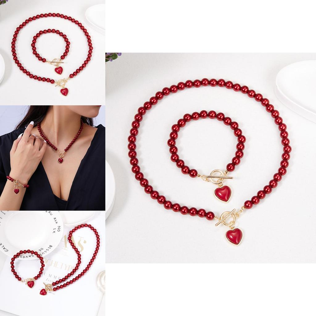 Heart Shaped Pearl Necklace And Bracelet Set For Women With Handcrafted Design For Fashionable Office Wear