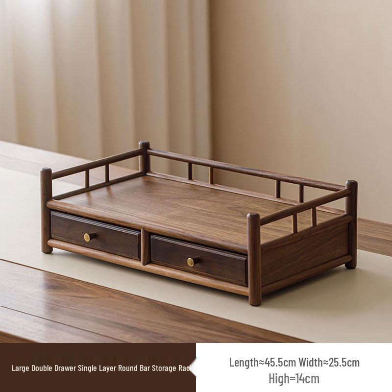 Guanlan Walnut Wood Tea Table with Double Drawer and Display Shelves for Tea Pot and Cup Storage